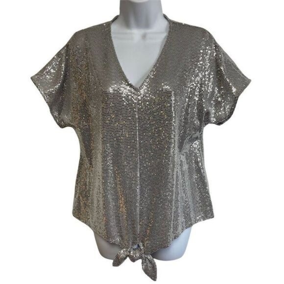 Prelude Sequin Top Tie Front V-Neck Party Sparkle Blouse Silver Medium - Picture 1 of 6